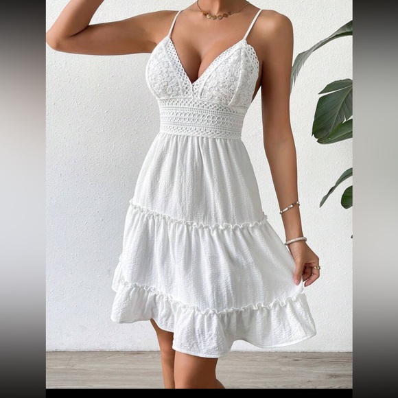 bohemian white v neck lace ruffle hem cami dress - Picture 2 of 4
